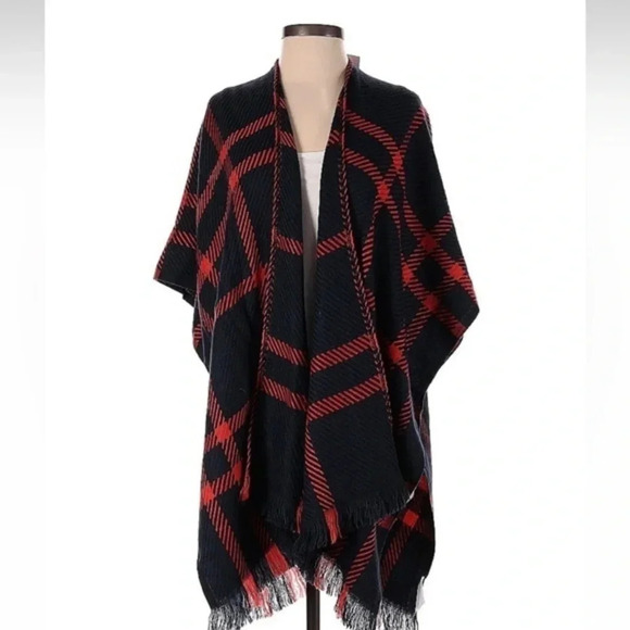 Ann Taylor LOFT Red & Navy Plaid Poncho Cardigan Wrap Size XS/S NWT - Picture 1 of 5